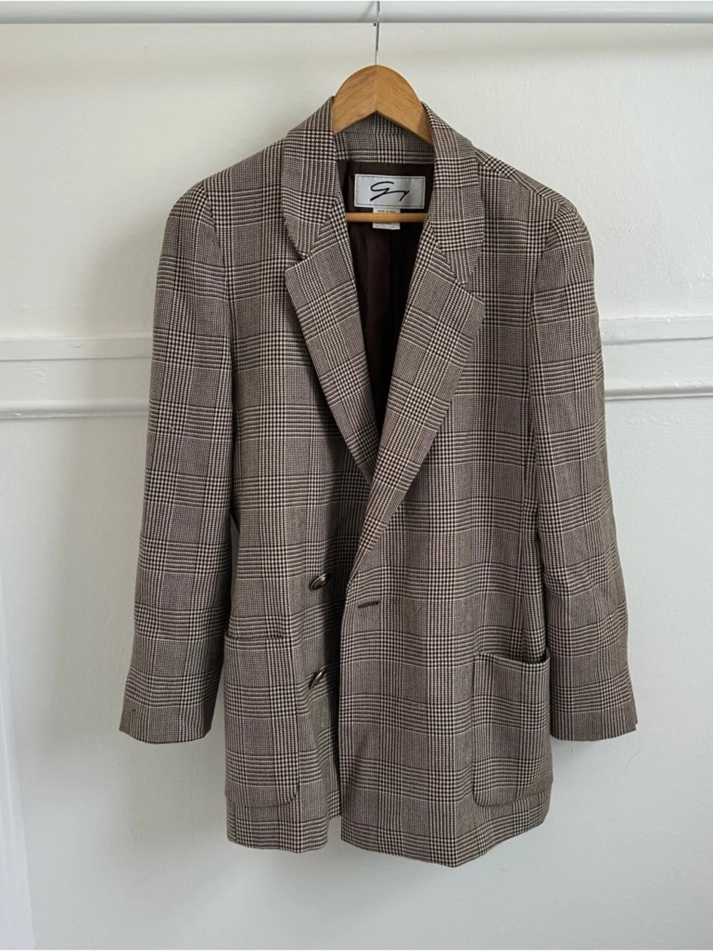 100% Wool Checked & Houndstooth Brown Plaid Blazer - Picture 1 of 13